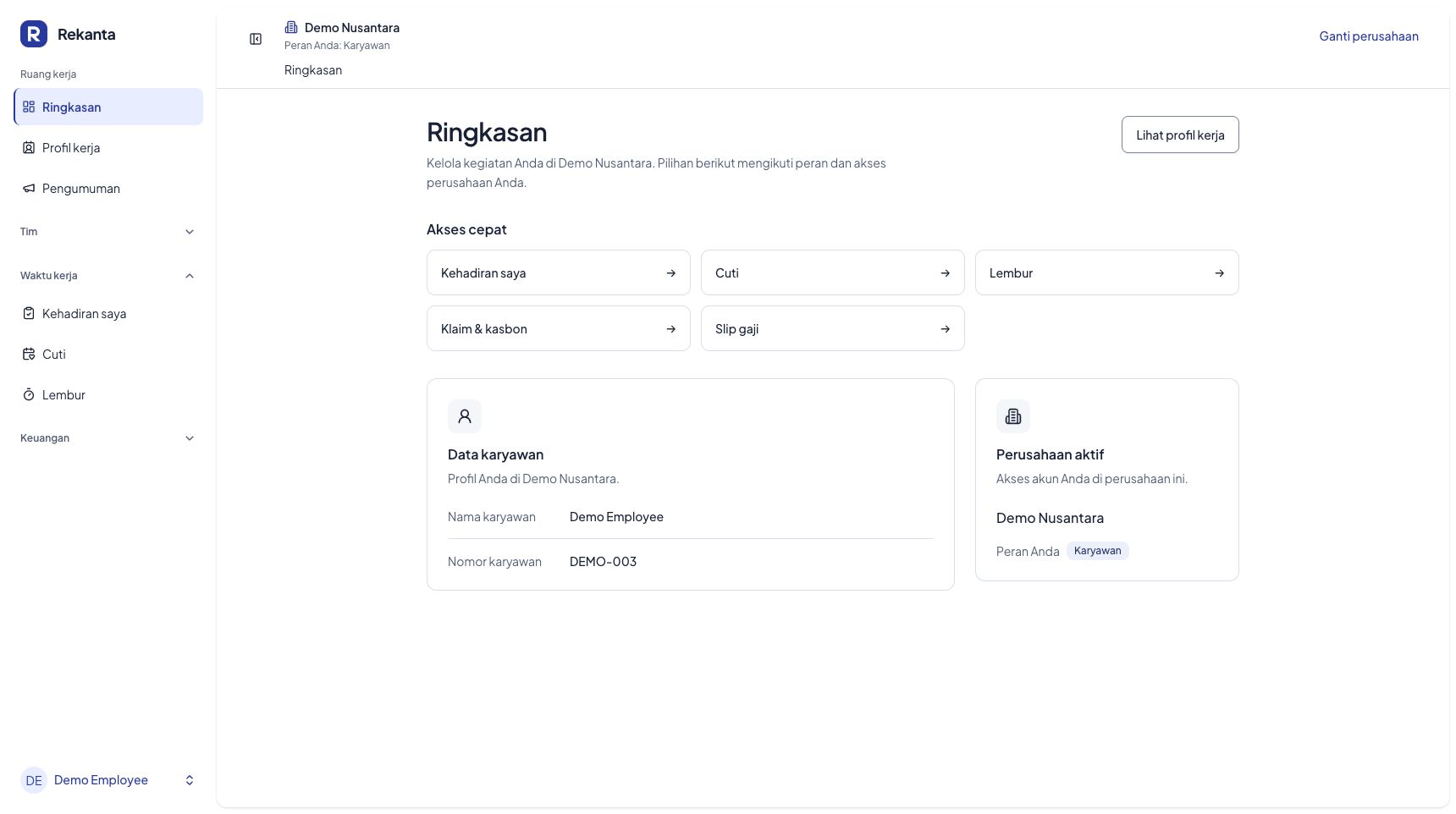 Example employee Overview with demonstration data; views and navigation follow each role.